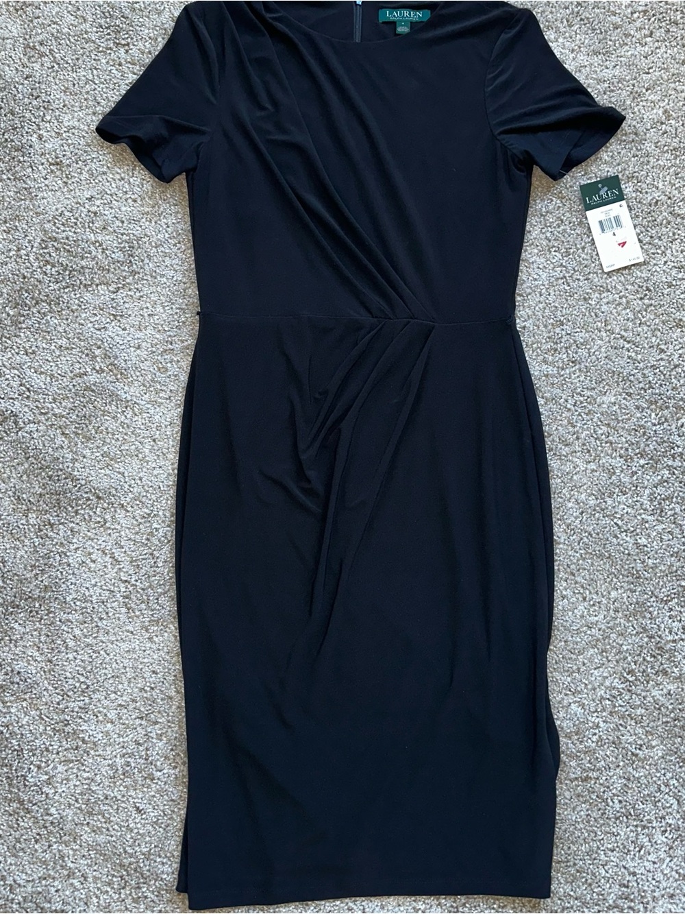 Lauren Ralph Lauren Black Short Sleeve Asymmetrical Ruched Jersey Dress NWT4 528